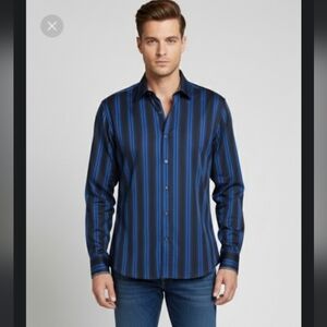 Age of wisdom,blue, black, striped button-front long sleeve shirt, men's size L